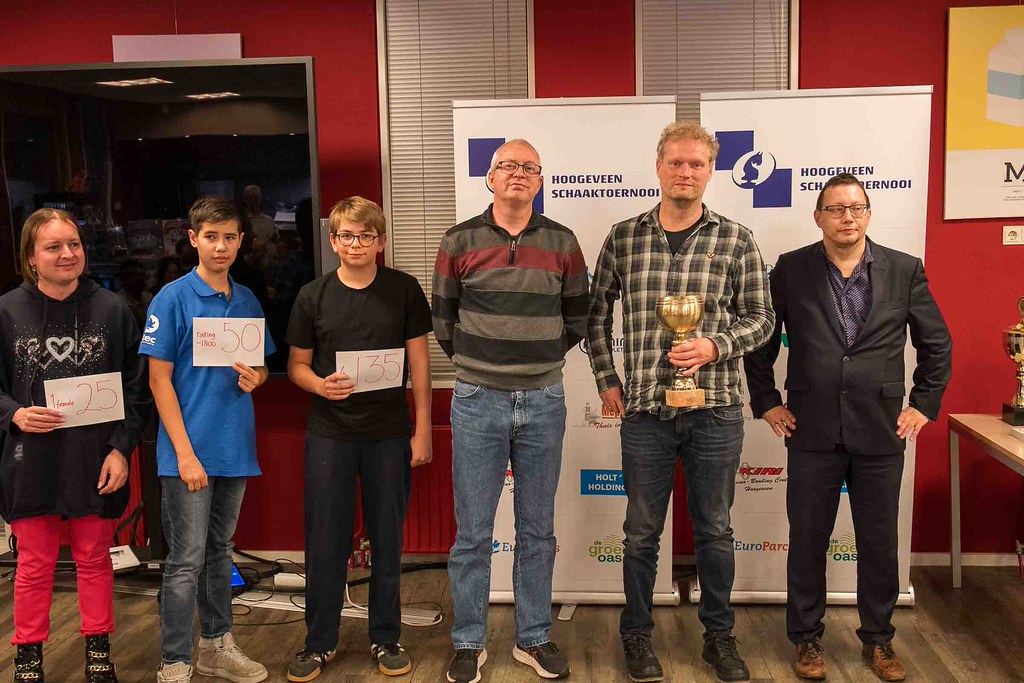 Prize winners of the Amateur Afternoon Group at the 2026 Hoogeveen Chess Tournament, photo De Pion